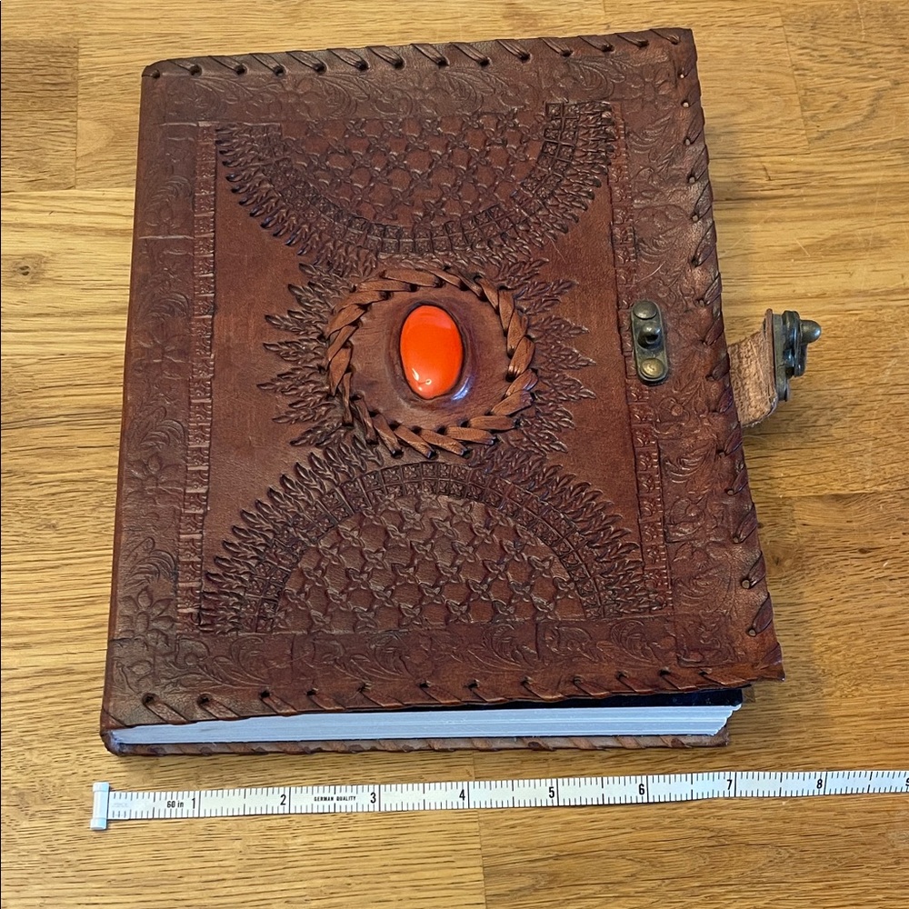 Handcrafted Brown Leather Journal with Red Stone